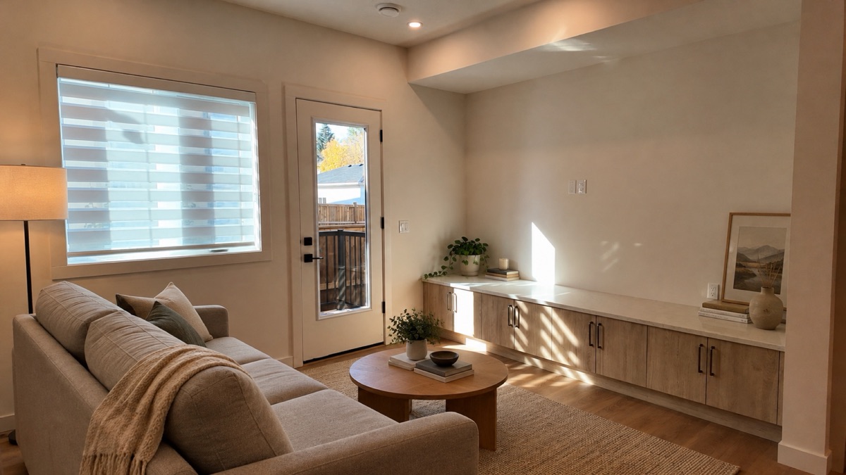 Townhouse living room with a built-in cabinet and a door to the back deck, virtually staged.