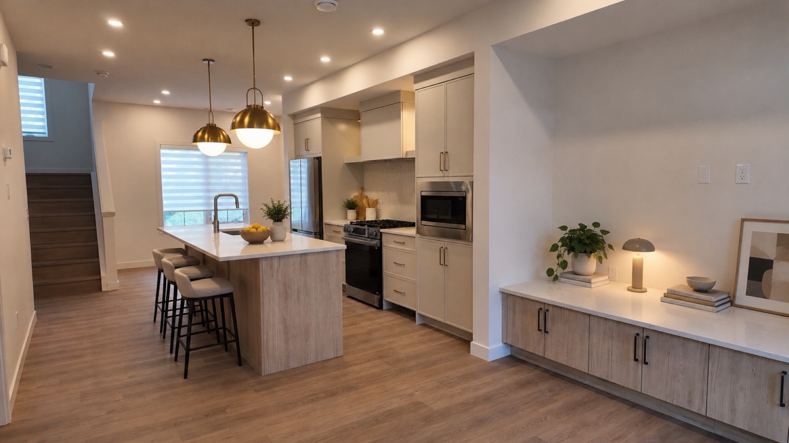 Townhouse main floor: kitchen island with brass pendants, stools and stairs, virtually staged.