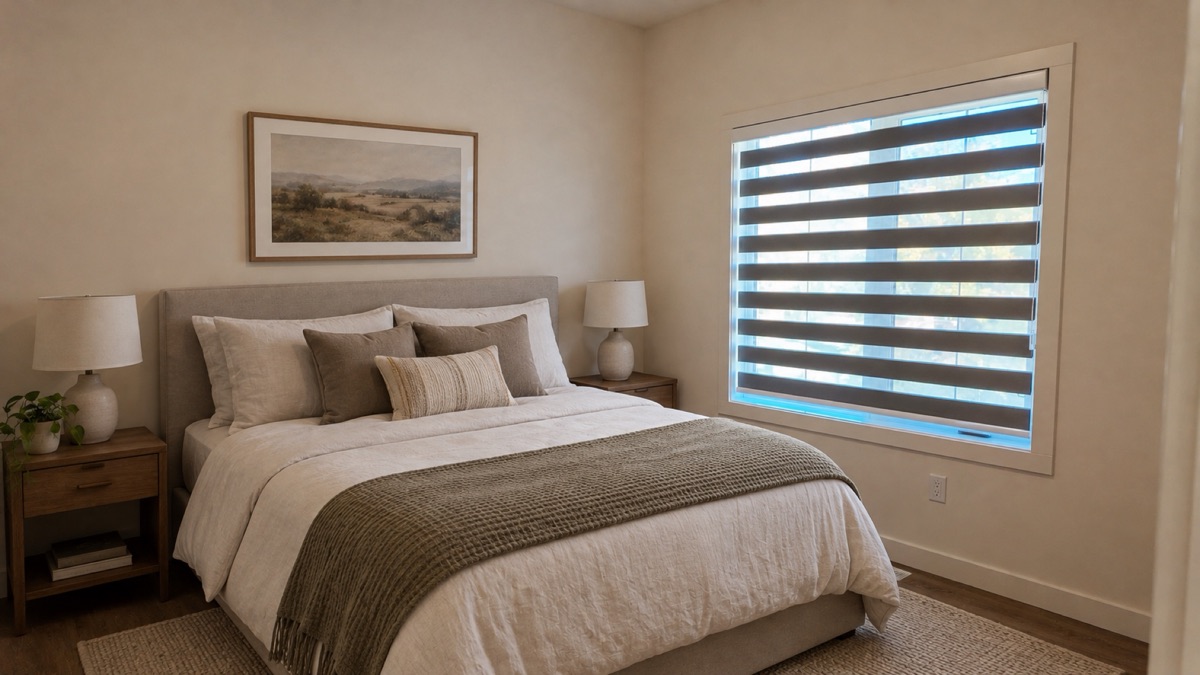 Townhouse primary bedroom with a large window, virtually staged.