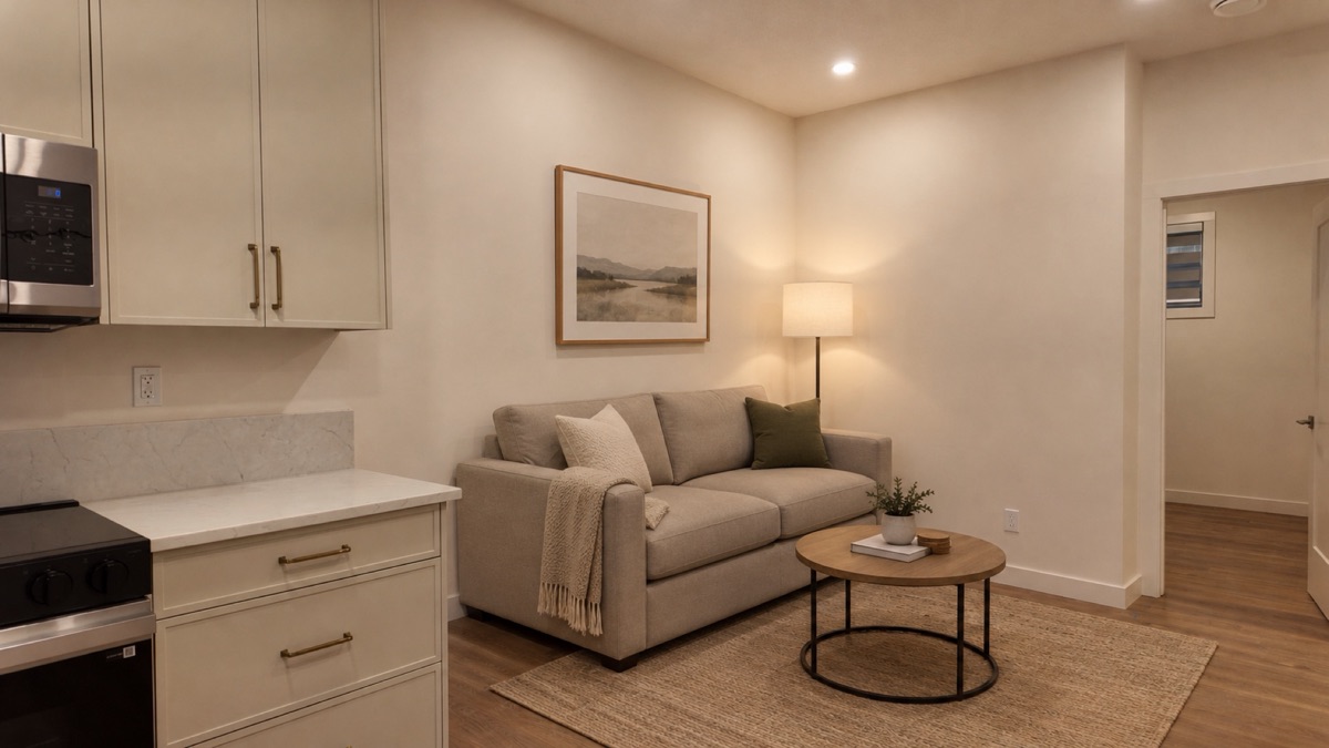 Suite living area beside the kitchen, virtually staged.