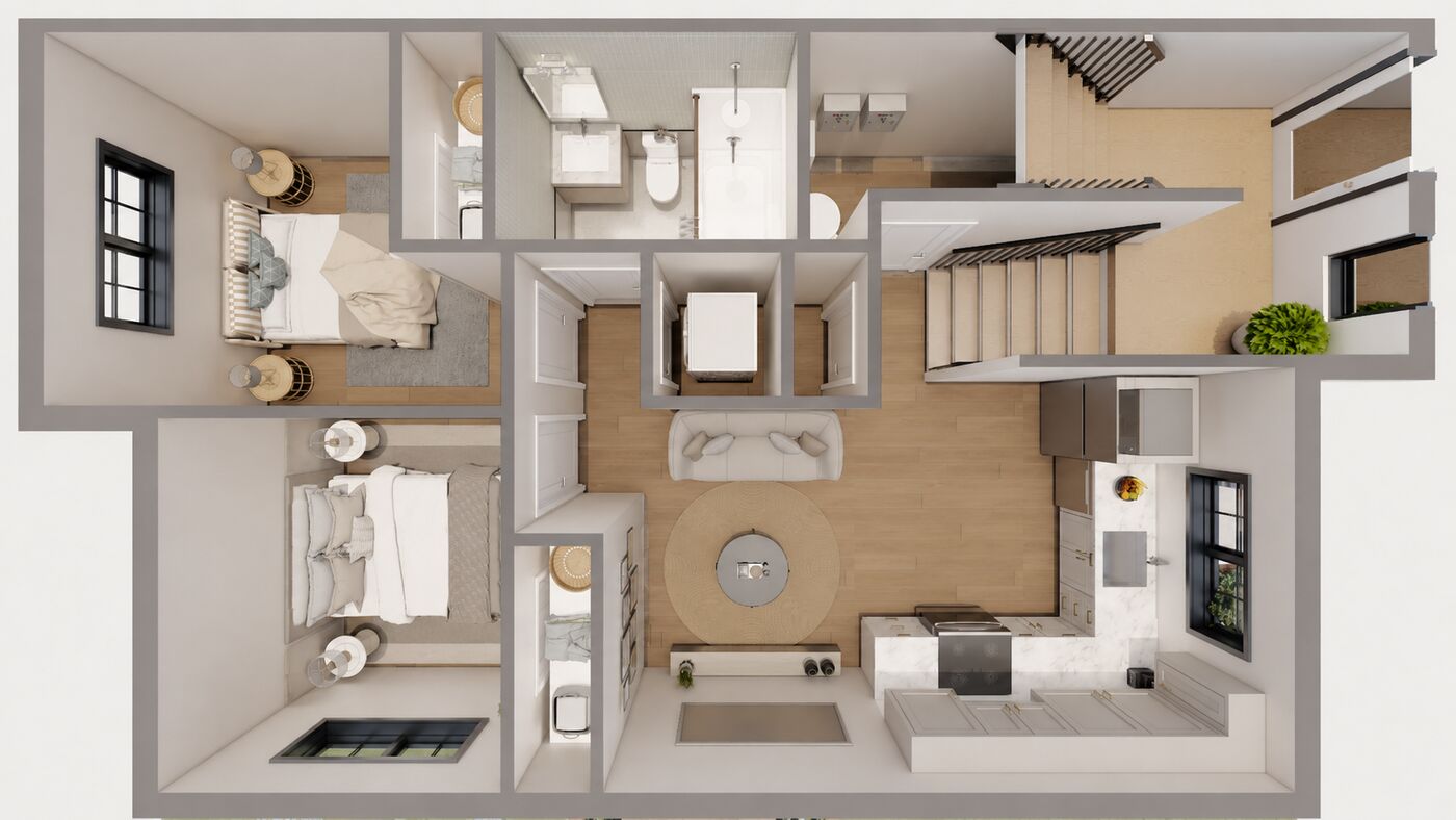 3D floor plan of the suite with two bedrooms, living room, kitchen and bathroom, view 1 of 8.