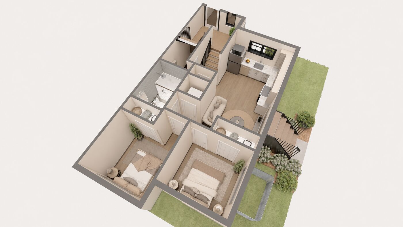 3D floor plan of the suite with two bedrooms, living room, kitchen and bathroom, view 2 of 8.