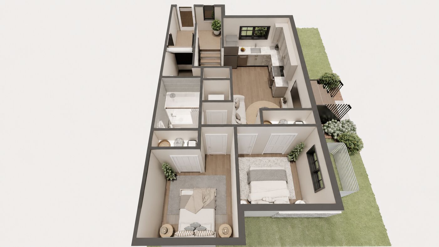 3D floor plan of the suite with two bedrooms, living room, kitchen and bathroom, view 3 of 8.