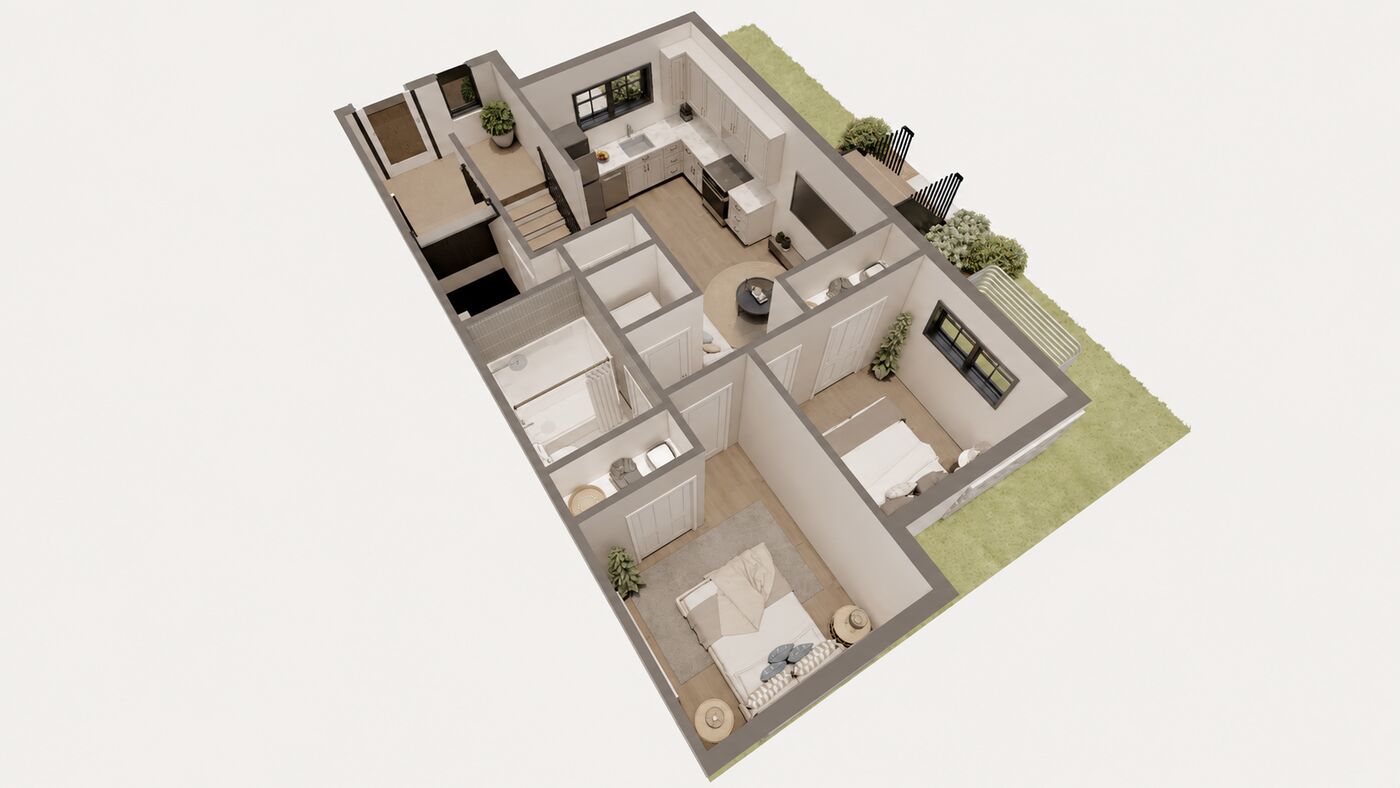 3D floor plan of the suite with two bedrooms, living room, kitchen and bathroom, view 4 of 8.