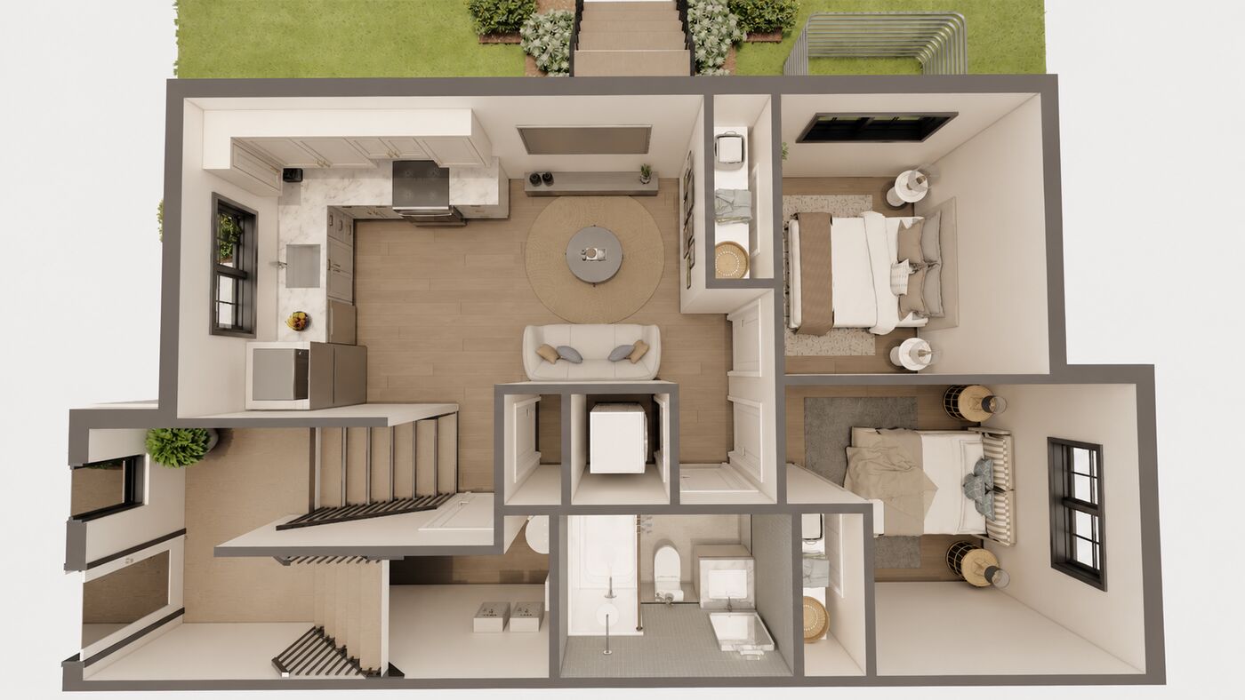 3D floor plan of the suite with two bedrooms, living room, kitchen and bathroom, view 5 of 8.