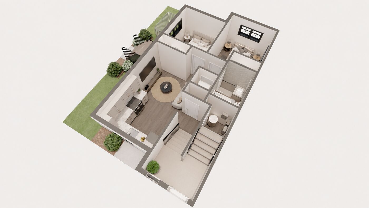 3D floor plan of the suite with two bedrooms, living room, kitchen and bathroom, view 6 of 8.