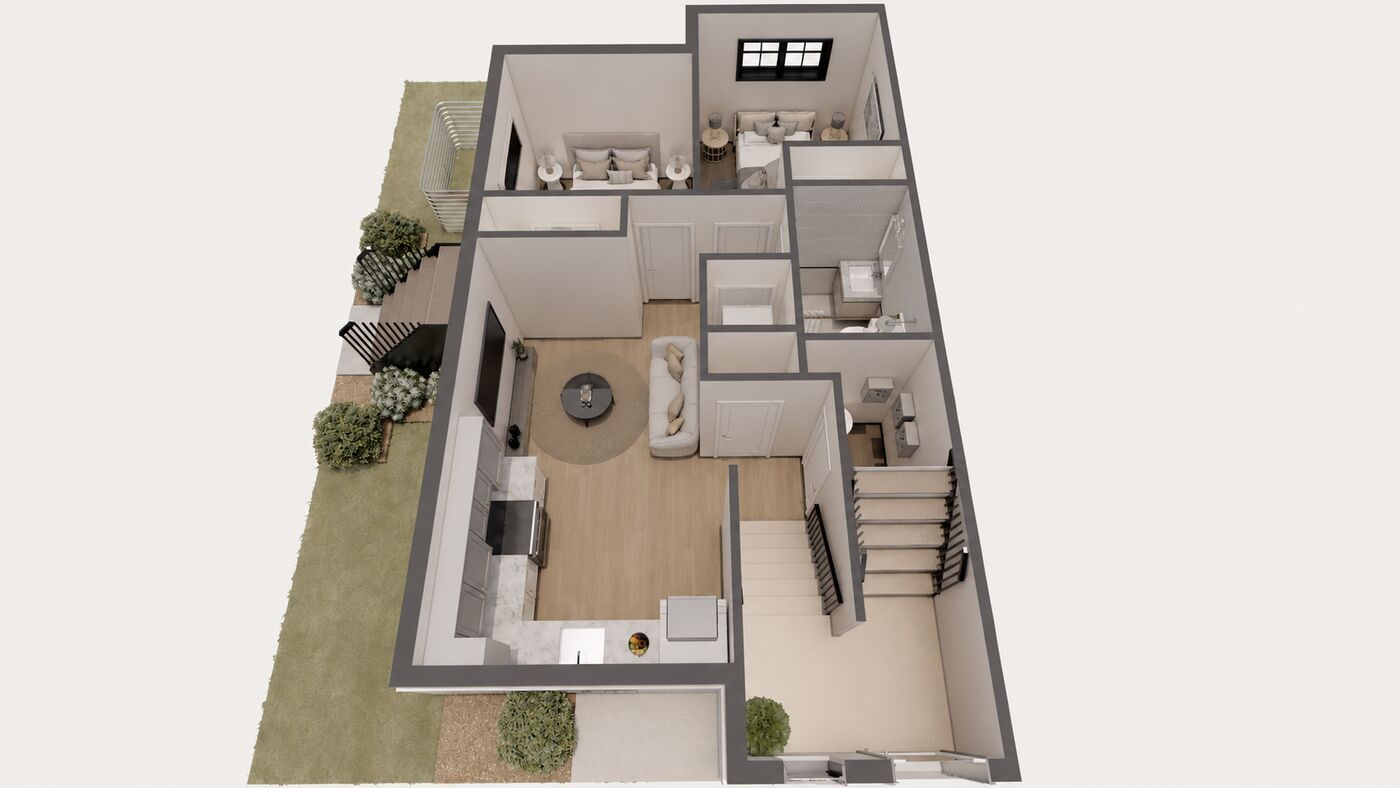 3D floor plan of the suite with two bedrooms, living room, kitchen and bathroom, view 7 of 8.