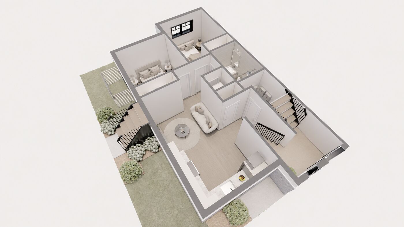 3D floor plan of the suite with two bedrooms, living room, kitchen and bathroom, view 8 of 8.