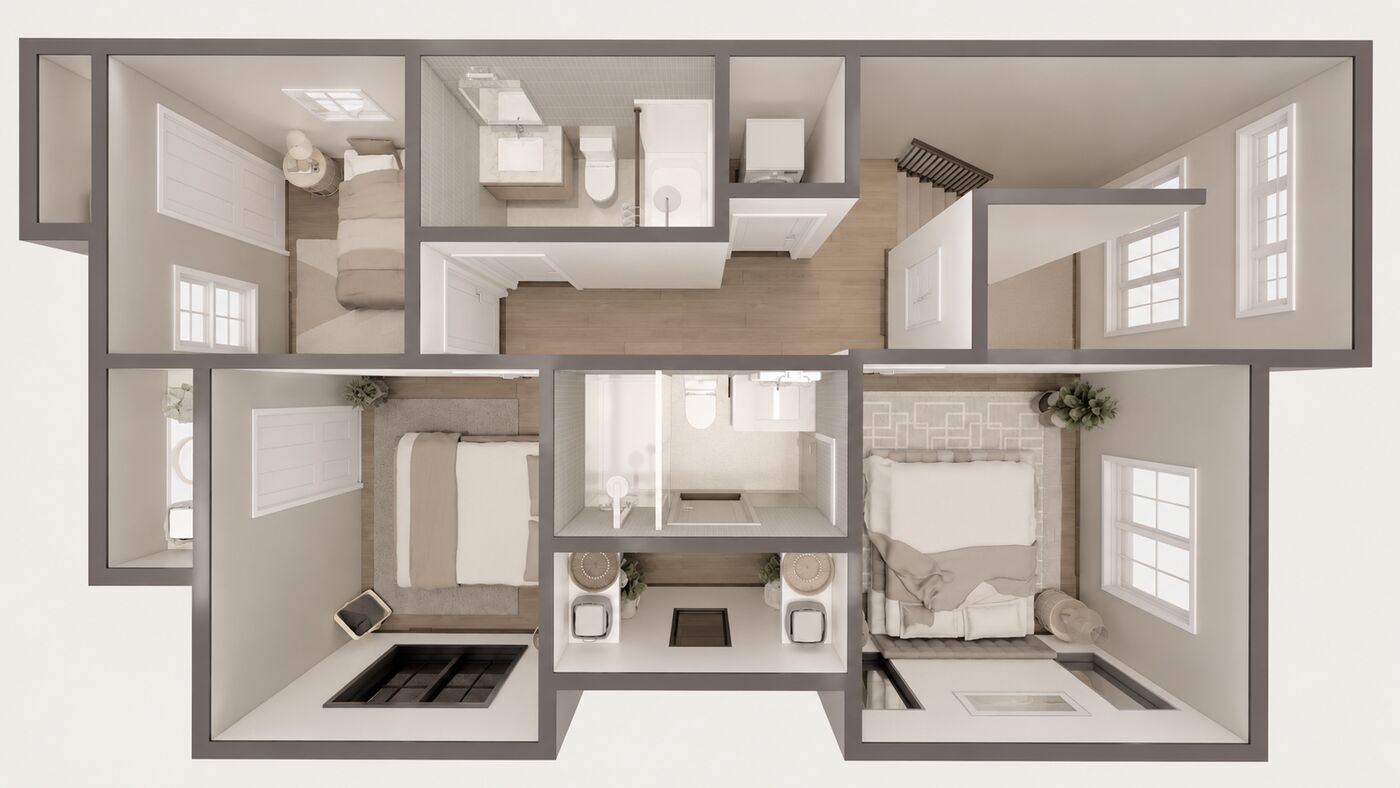 3D floor plan of the townhouse upstairs with three bedrooms, a primary ensuite and laundry, view 1 of 8.