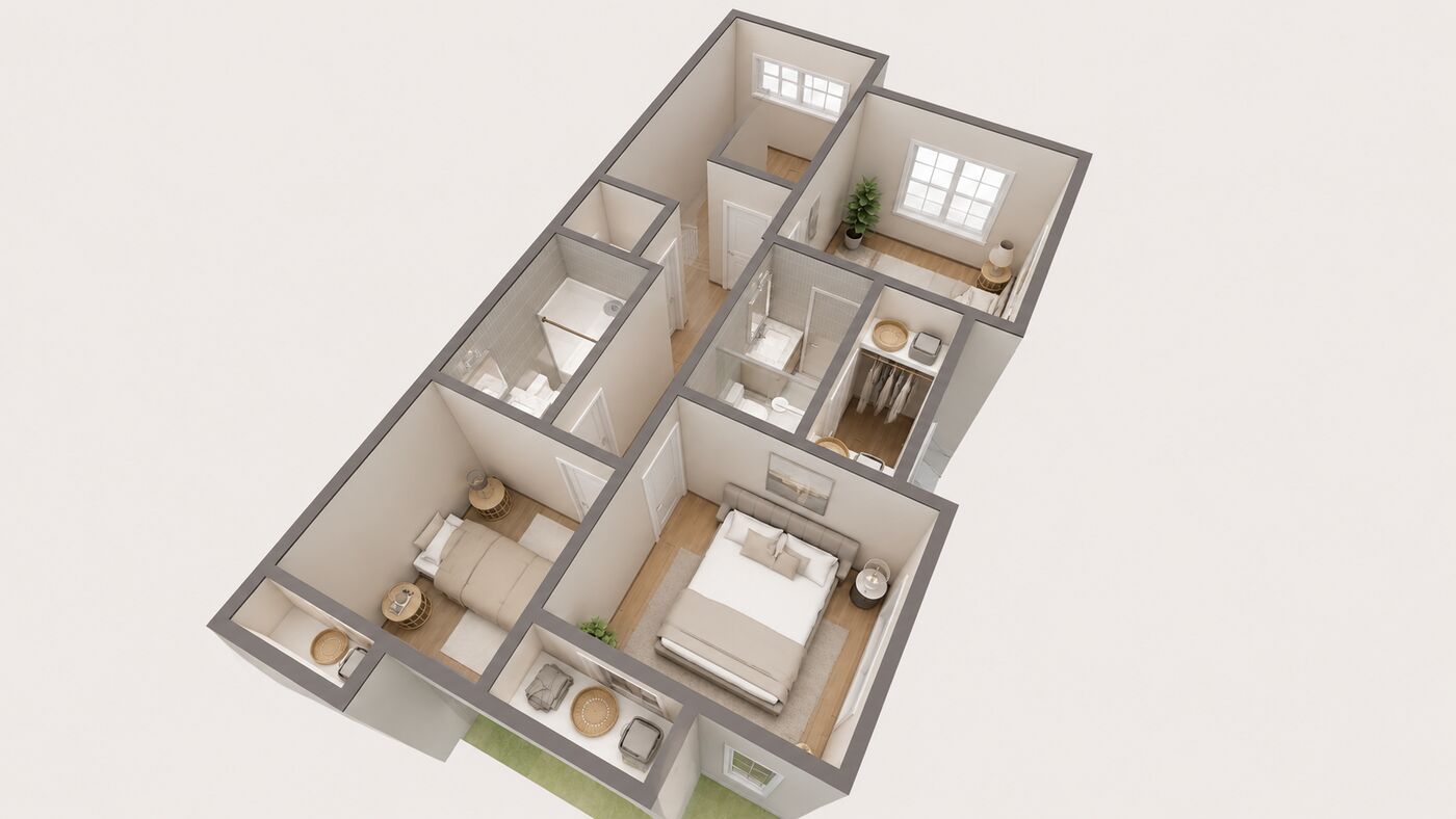 3D floor plan of the townhouse upstairs with three bedrooms, a primary ensuite and laundry, view 2 of 8.