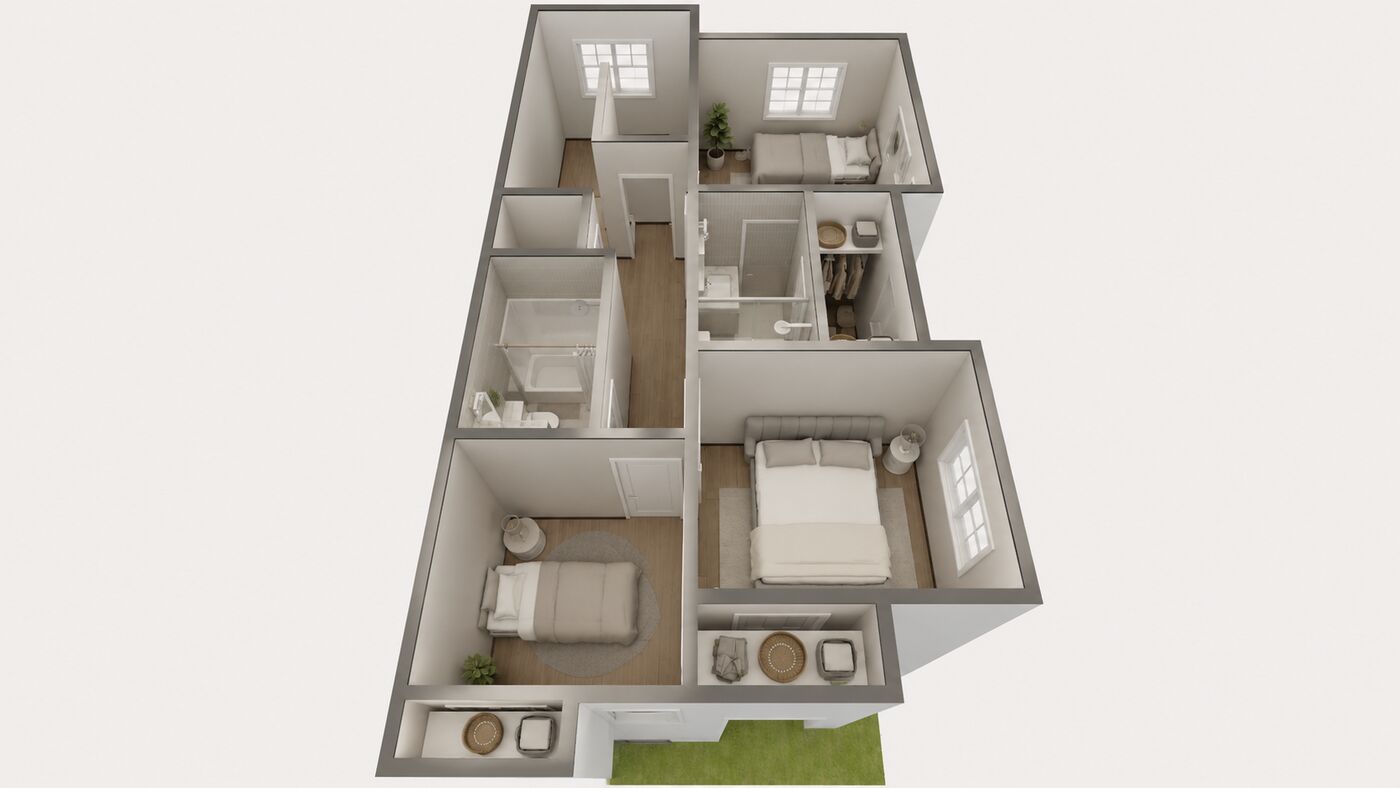 3D floor plan of the townhouse upstairs with three bedrooms, a primary ensuite and laundry, view 3 of 8.