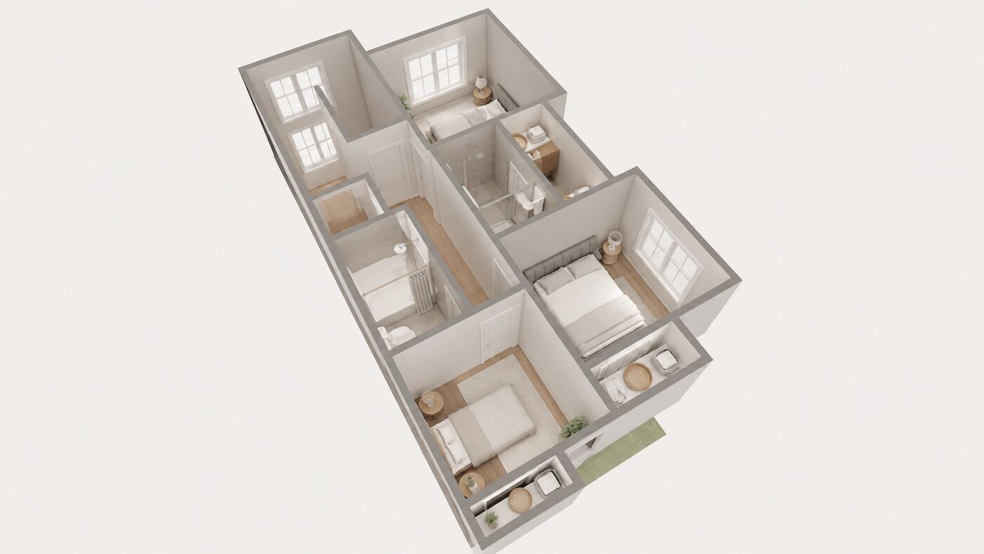 3D floor plan of the townhouse upstairs with three bedrooms, a primary ensuite and laundry, view 4 of 8.
