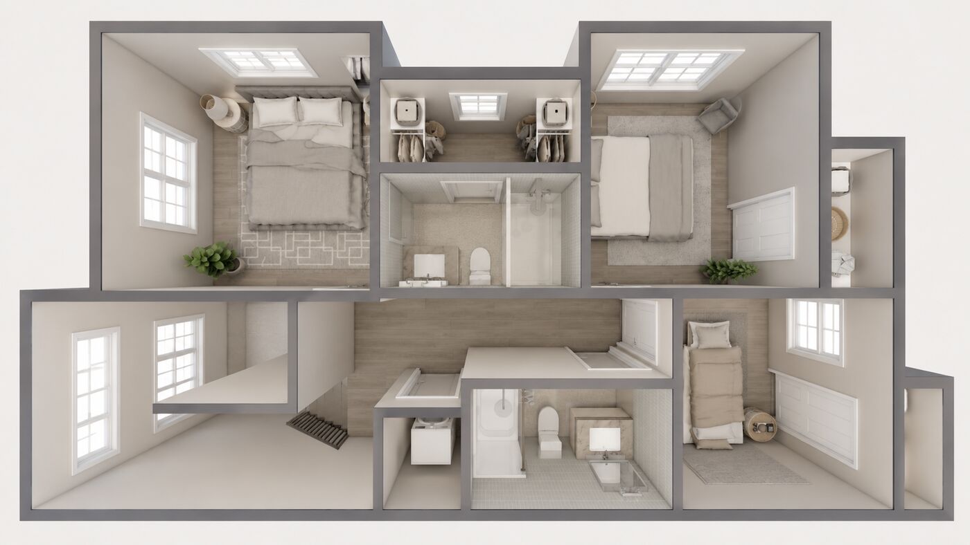 3D floor plan of the townhouse upstairs with three bedrooms, a primary ensuite and laundry, view 5 of 8.