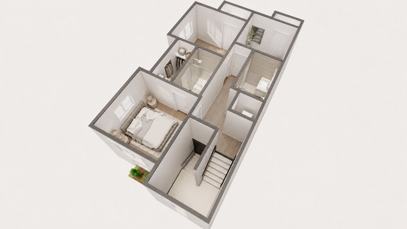 3D floor plan of the townhouse upstairs with three bedrooms, a primary ensuite and laundry, view 6 of 8.