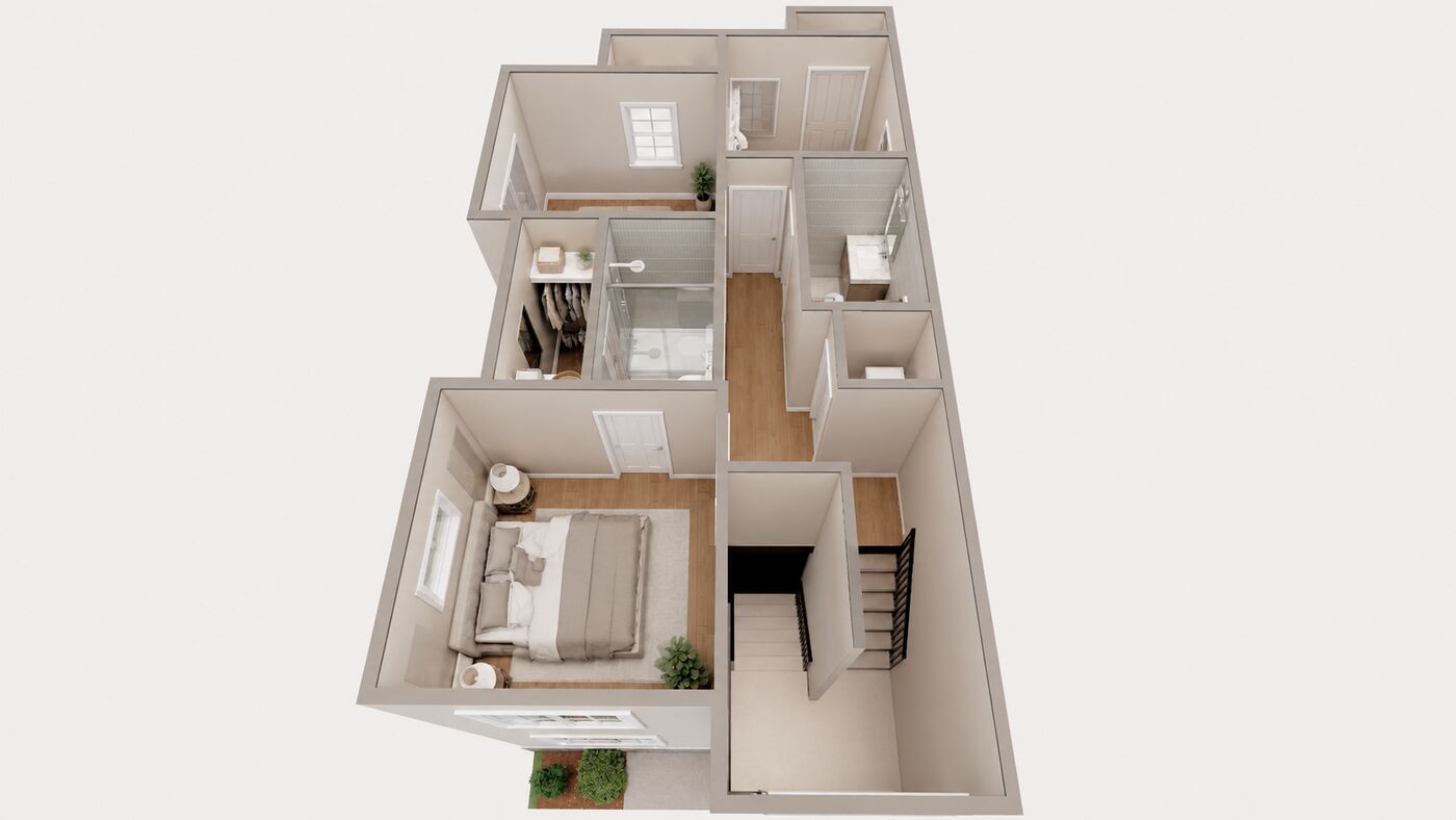 3D floor plan of the townhouse upstairs with three bedrooms, a primary ensuite and laundry, view 7 of 8.