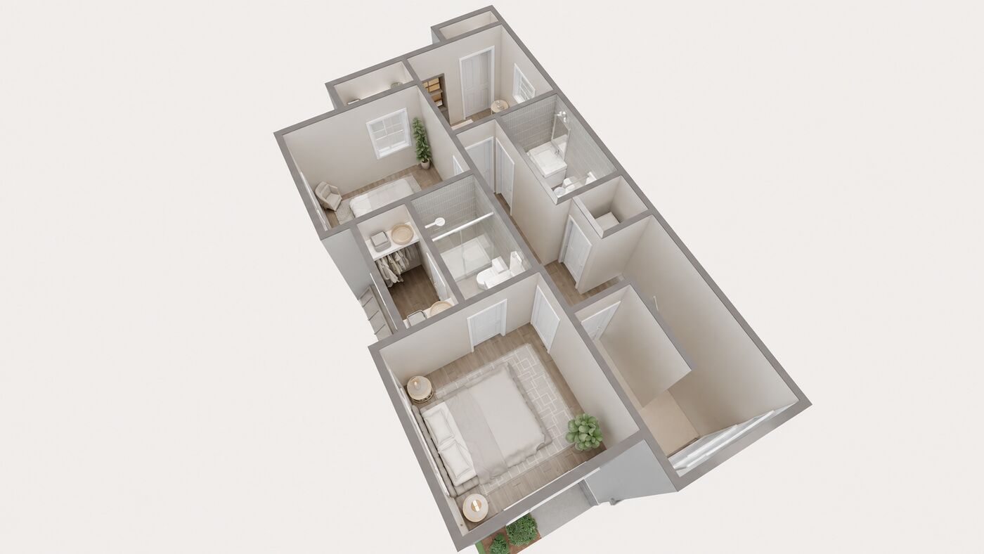 3D floor plan of the townhouse upstairs with three bedrooms, a primary ensuite and laundry, view 8 of 8.